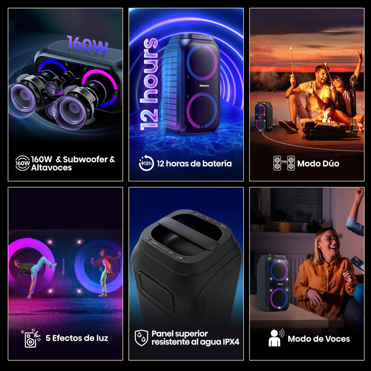 Hisense HP160 Party Rocket - Altavoz Portatil, Modo Karaoke, 160W, 5 Efectos de Luz, Batería de hasta 12 Horas de Duración, Modo Dual (2 Altavoces), Plug and Play, Bluetooth, AUX, USB, IPX4