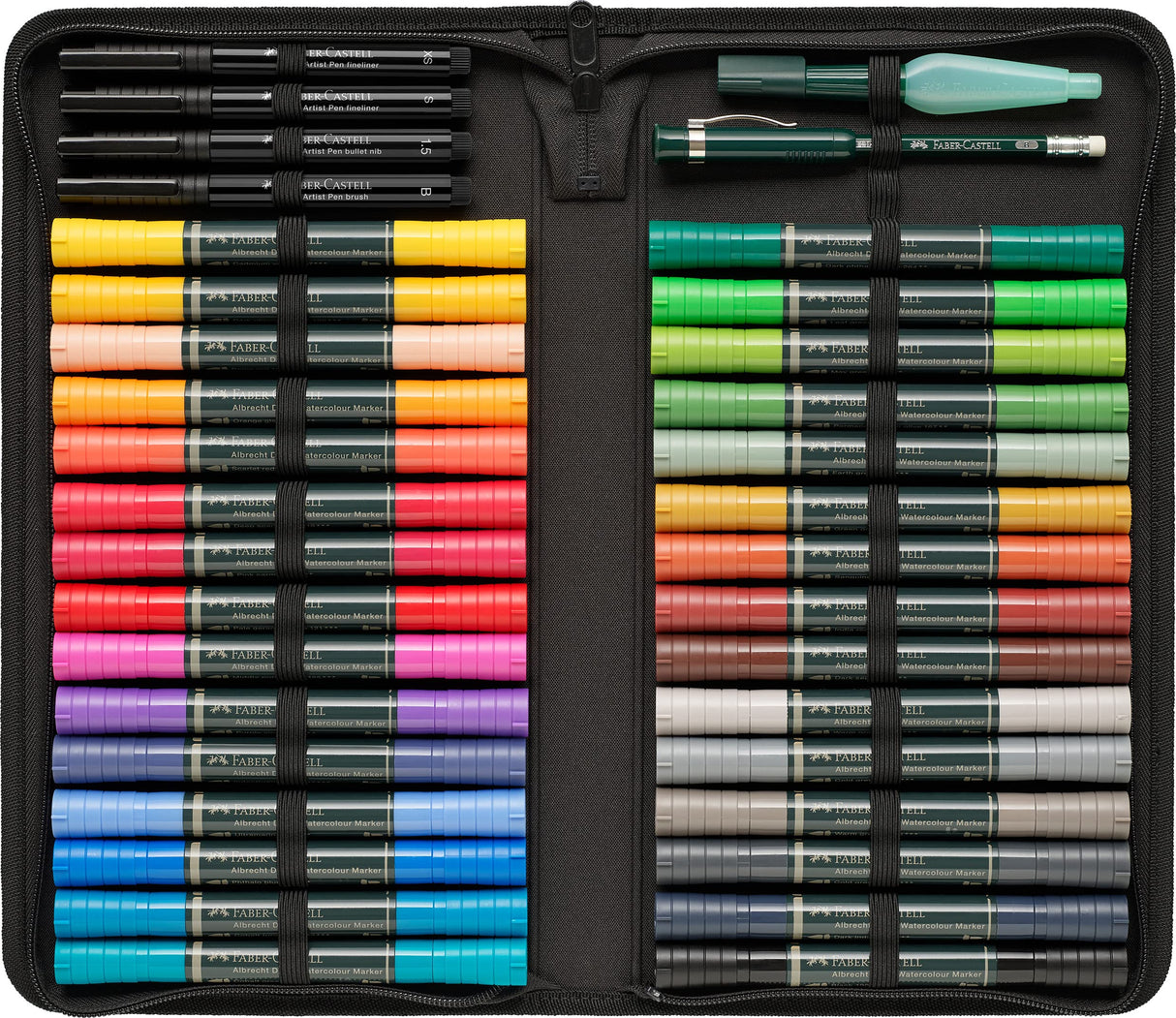 Faber-Castell 160301 Albrecht Dürer - Estuche con Cremallera de 30 Marcadores Acuarelables - Doble Punta para Artistas - 4 PITT® Artist Pen - 1 Pincel con Depósito - 1 Lápiz Castell 9000