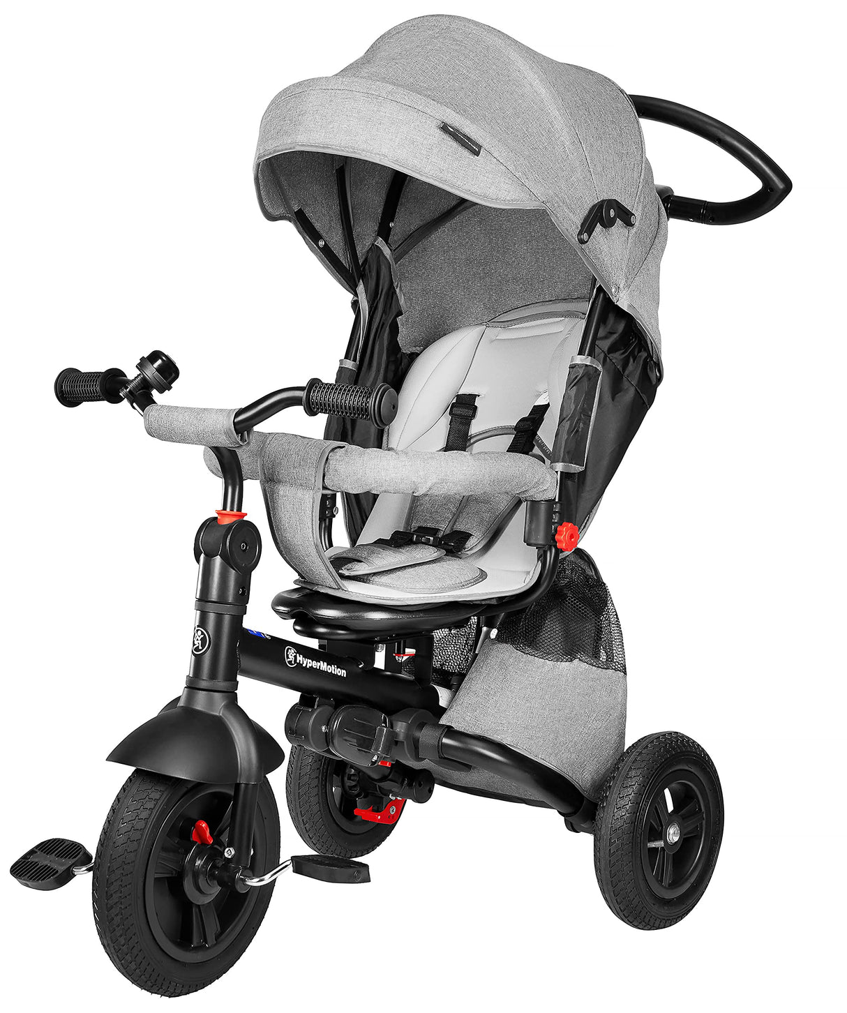 HyperMotion Triciclo Infantil 3 en 1 - Coche para Bebé con Asiento Giratorio y Cubierta de Lluvia - Triciclo Evolutivo 12 Meses a 5 Años, Plegable, Ruedas Bombeadas, 25kg, Gris