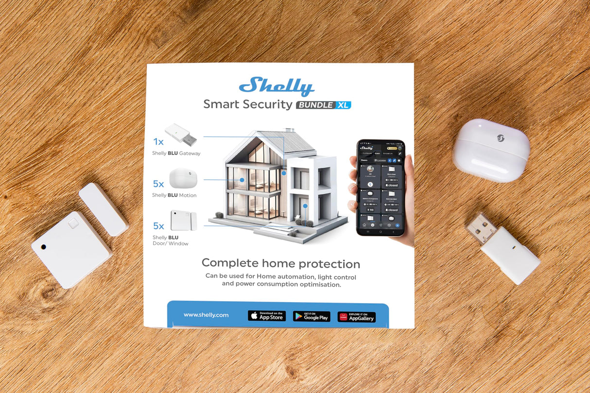 Shelly Smart Security Bundle XL, Paquete De Seguridad Inteligente, Dispositivos Bluetooth, Automatizacion del Hogar, No Hub Requerido, Batería De Larga Duración, Zonas De Alarmas Personalizadas