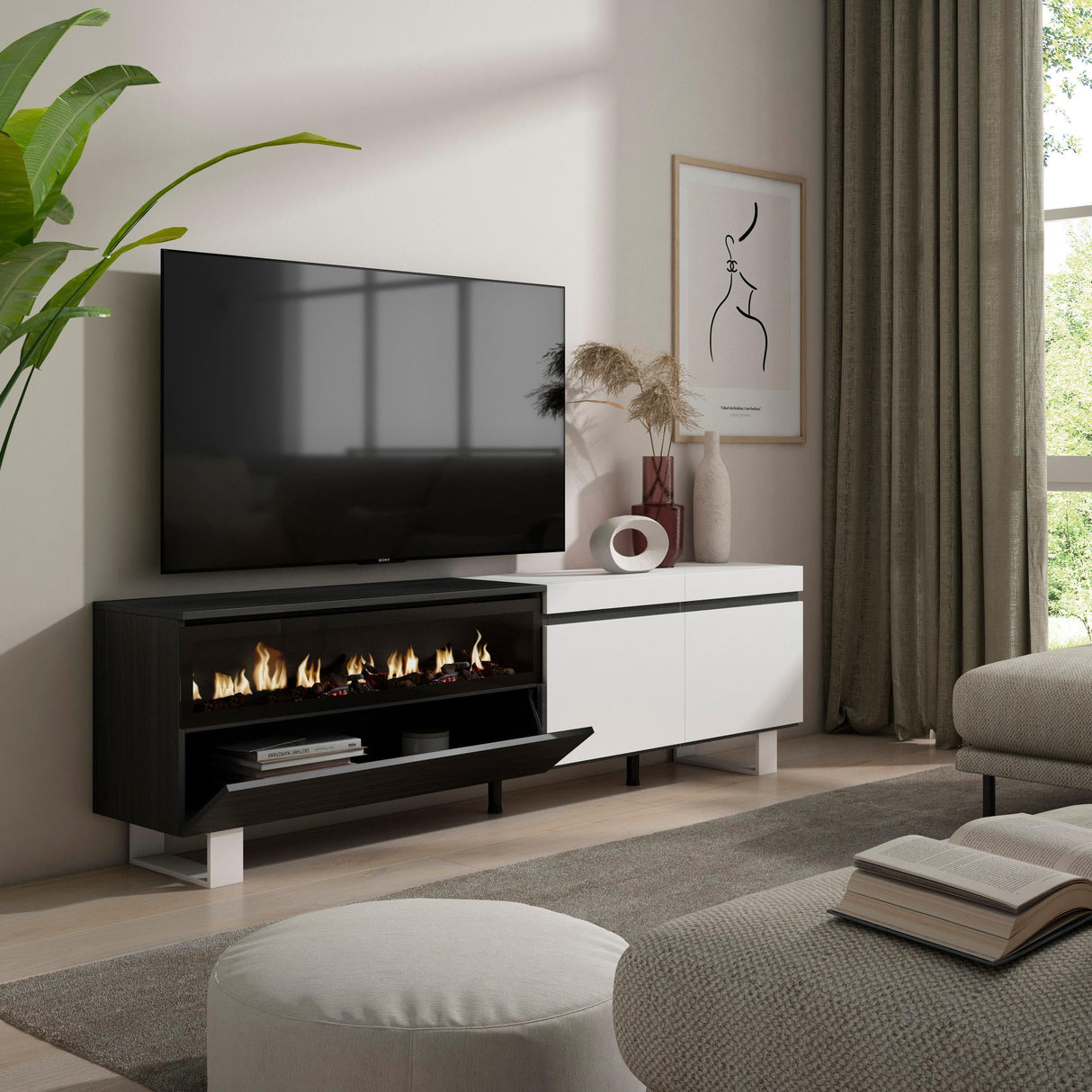 Skraut Home | Mueble TV | Televisión | Muebles de salón, almacenaje | 200x57x35cm | para TV hasta 80" | Chimenea eléctrica | Diseño Industrial | Estilo Moderno | Blanco y Negro