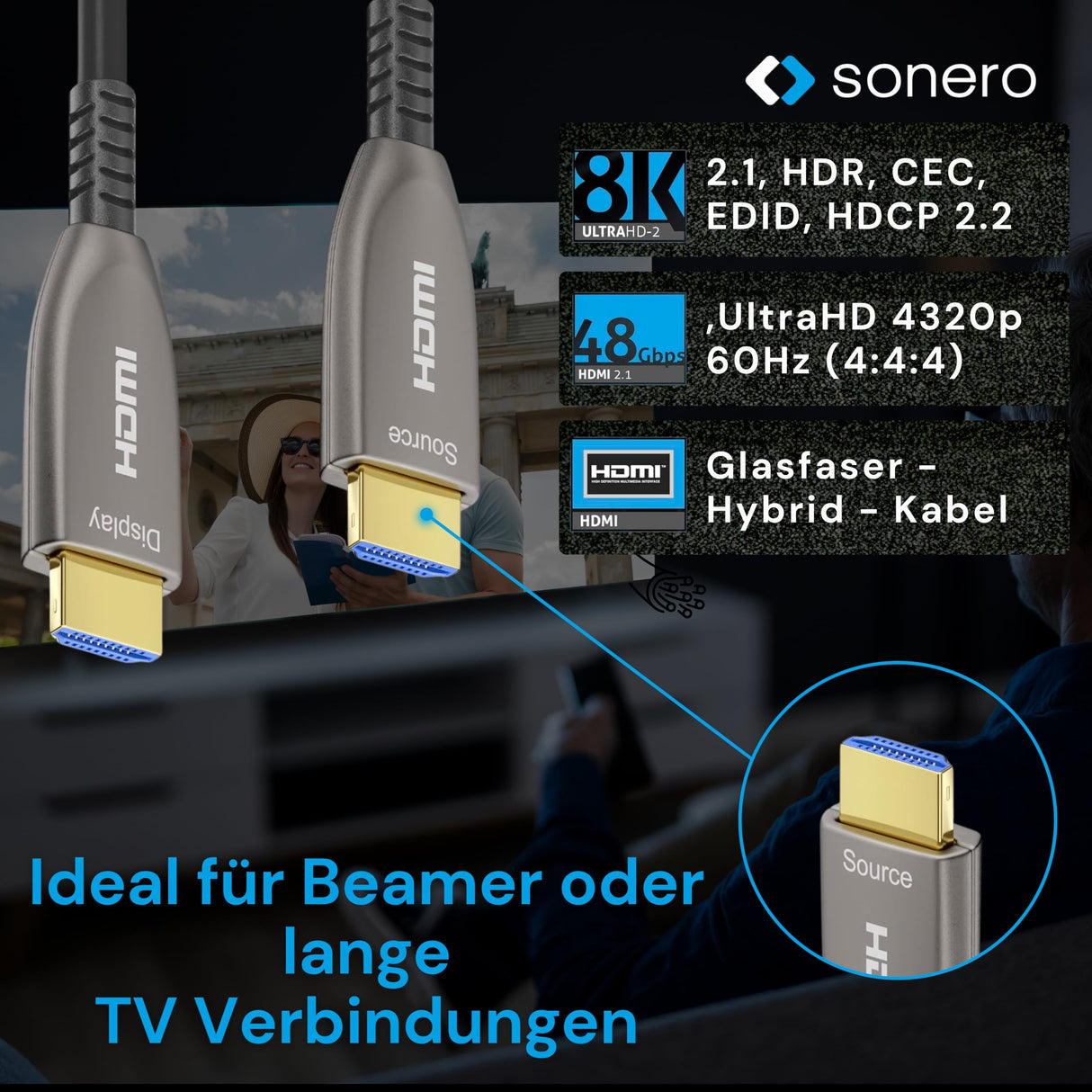Sonero® Cable 8K-HDMI 2.1, Cable híbrido de Fibra óptica, resolución hasta 8K 60 Hz (7680 x 4320) / 4K 120Hz (3840 × 2160), Soporte HDCP 2.2, Antracita, 40 Metros