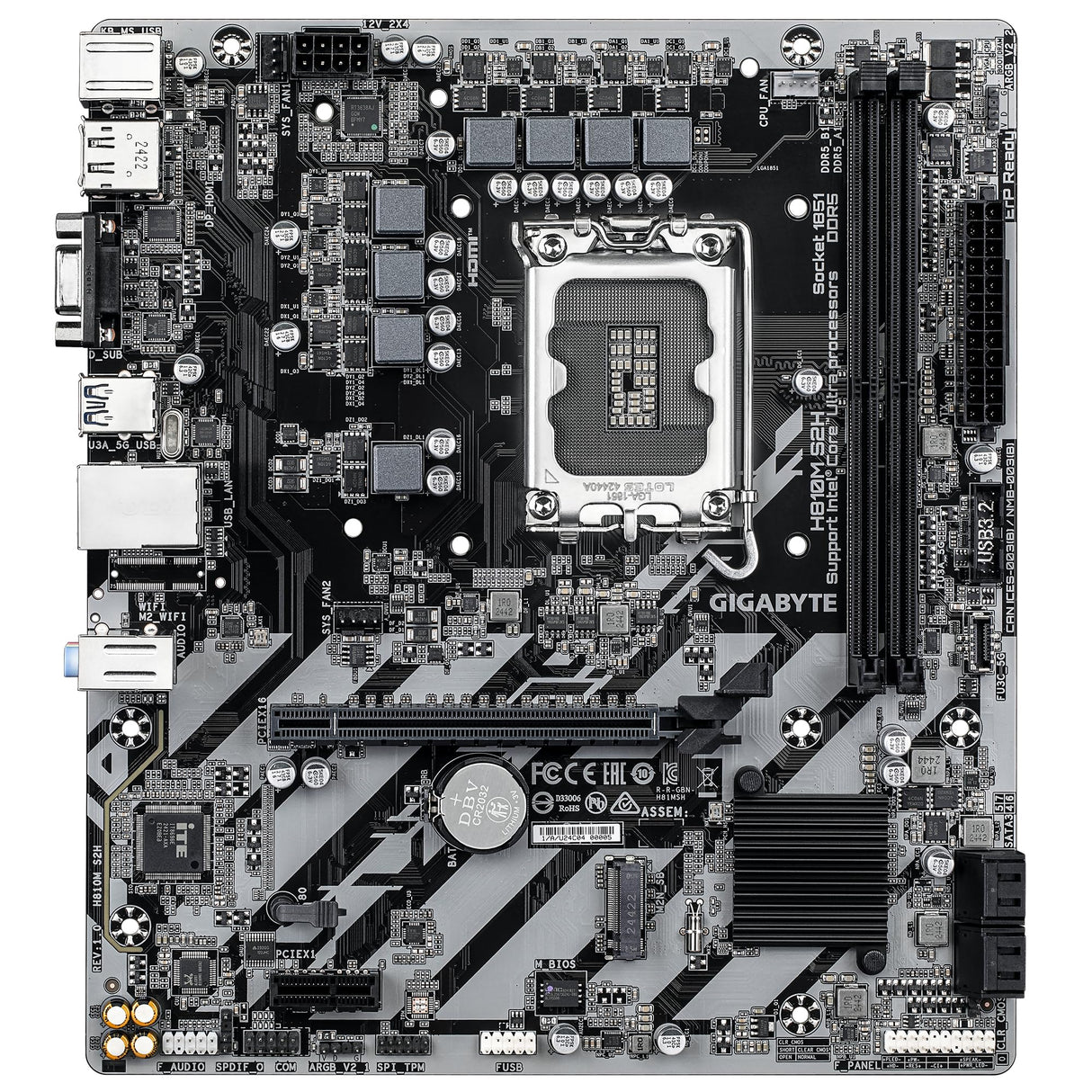 GIGABYTE H810M S2H Placa Base - Procesadores Intel Core Ultra (Serie 2), VRM de 4+1+2 Fases, hasta 6400 MHz DDR5, 1xPCIe 4.0 M.2, LAN 1GbE, USB 3.2 Gen 1