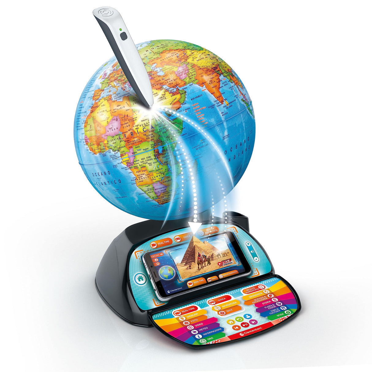 Clementoni Sapientino Più – Globo interactivo parlante, globo educativo con bolígrafo Bluetooth y aplicación, para niños de 6 años, 16446