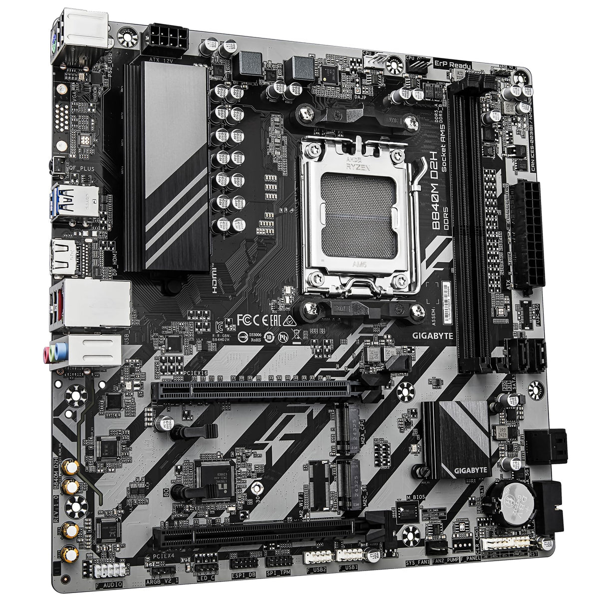 GIGABYTE B840M D2H Placa Base - Procesadores AMD Ryzen 9000, VRM de 5+2+2 Fases, hasta 7600 MHz DDR5, 1xPCIe 4.0 + 1xPCIe 3.0 M.2, LAN 2.5GbE, USB 3.2 Gen 1