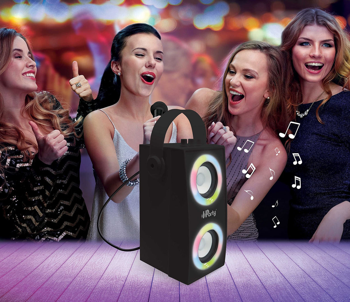 LEXIBOOK, iParty, Altavoz Luminoso Bluetooth portátil con micrófono, Efectos de luz, Karaoke, inalámbrico, USB, Tarjeta SD, batería Recargable, Negro, BTP180BKZ