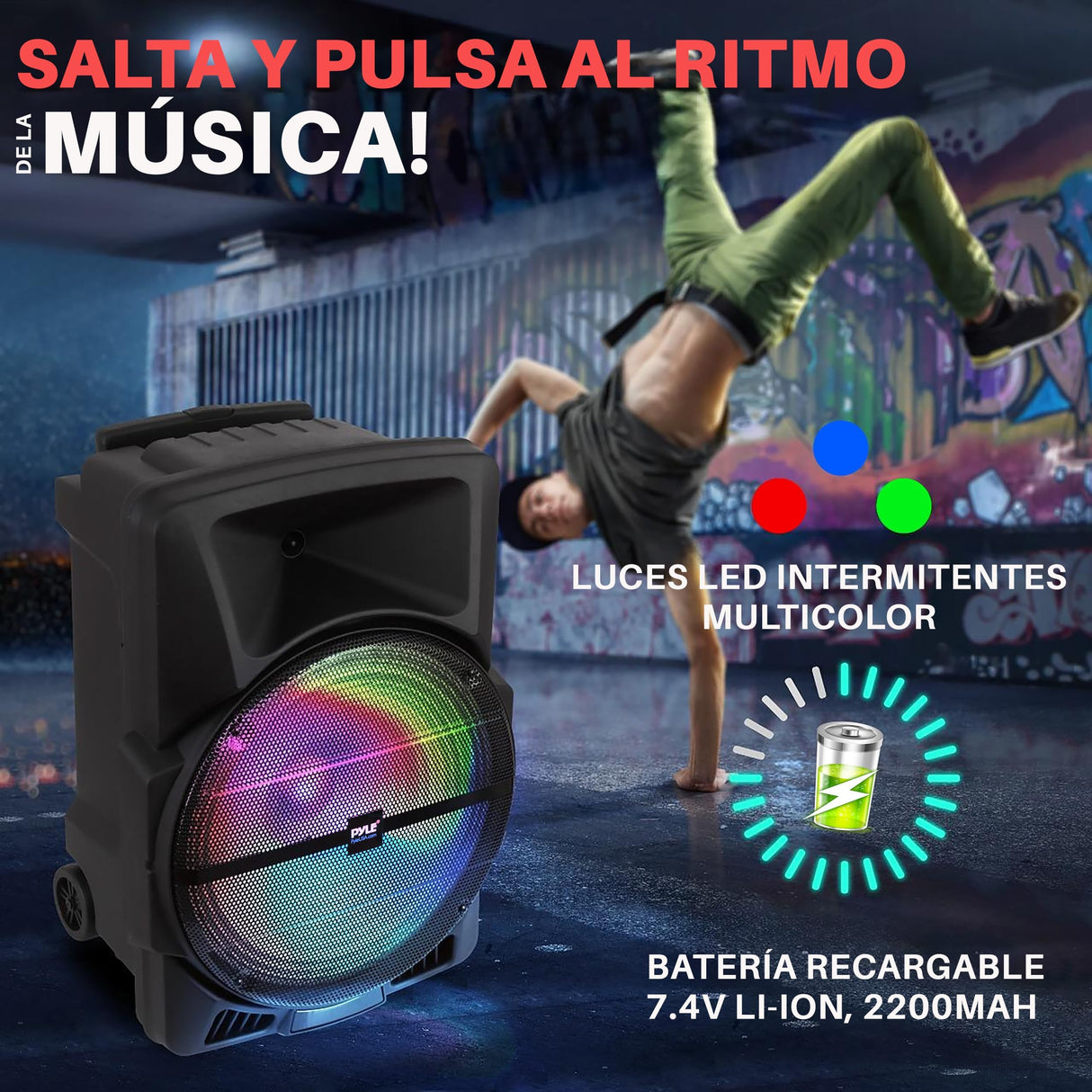 PYLE Sistema de Altavoces, PA,1200W, Bluetooth, Portatil, Recargable, Interiores, Exteriores, subwoofer de 12”, Tweeter de 1”, grabación, micrófono, Luces de Fiesta, Radio USB/SD, Negro