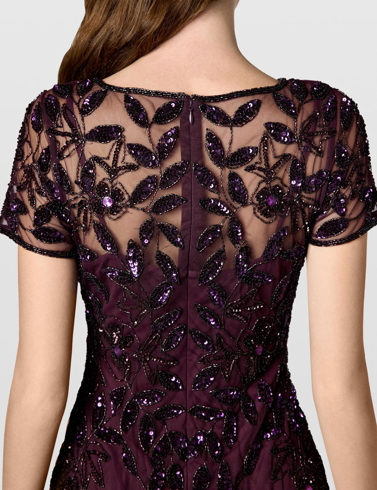 Adrianna Papell Short-Sleeve Floral Beaded Godet Gown Vestido, Ciruela Nocturna, 46 Mujeres