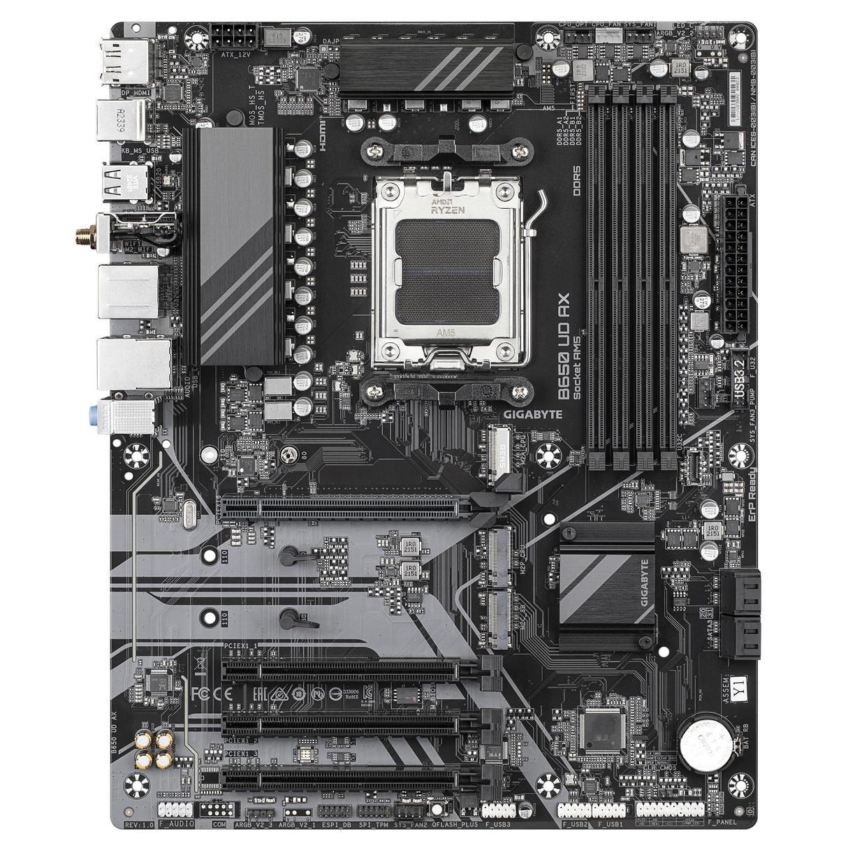 GIGABYTE B650 UD AX Placa Base - Compatible con CPUs AMD Ryzen Serie 9000, VRM de 6+2+2 Fases, hasta 7600MHz DDR5 (OC), 1x PCIe 5.0 + 2X PCIe 4.0 M.2, LAN GbE, Wi-Fi 6, USB 3.2 Gen 2