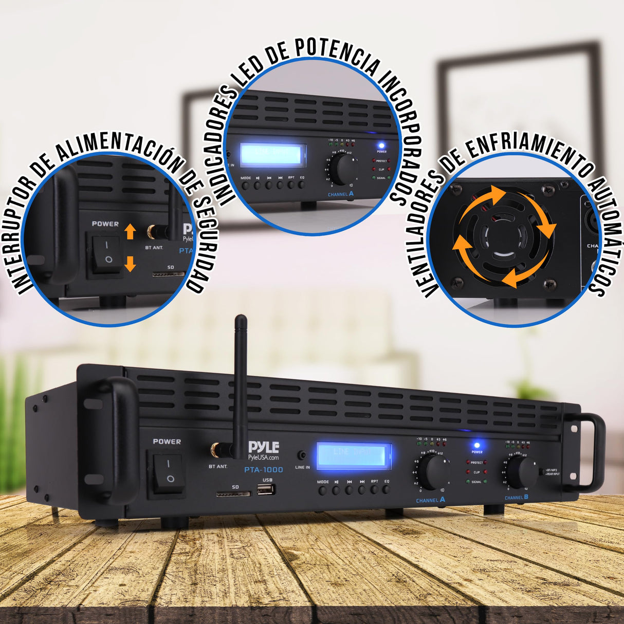 Pyle Amplificador de Sonido, para el hogar, 2000W, Bluetooth, Estereo, Entradas TRS XLR, LCD, 2 Canales, Modo Puente, Ventilador de refrigeracion