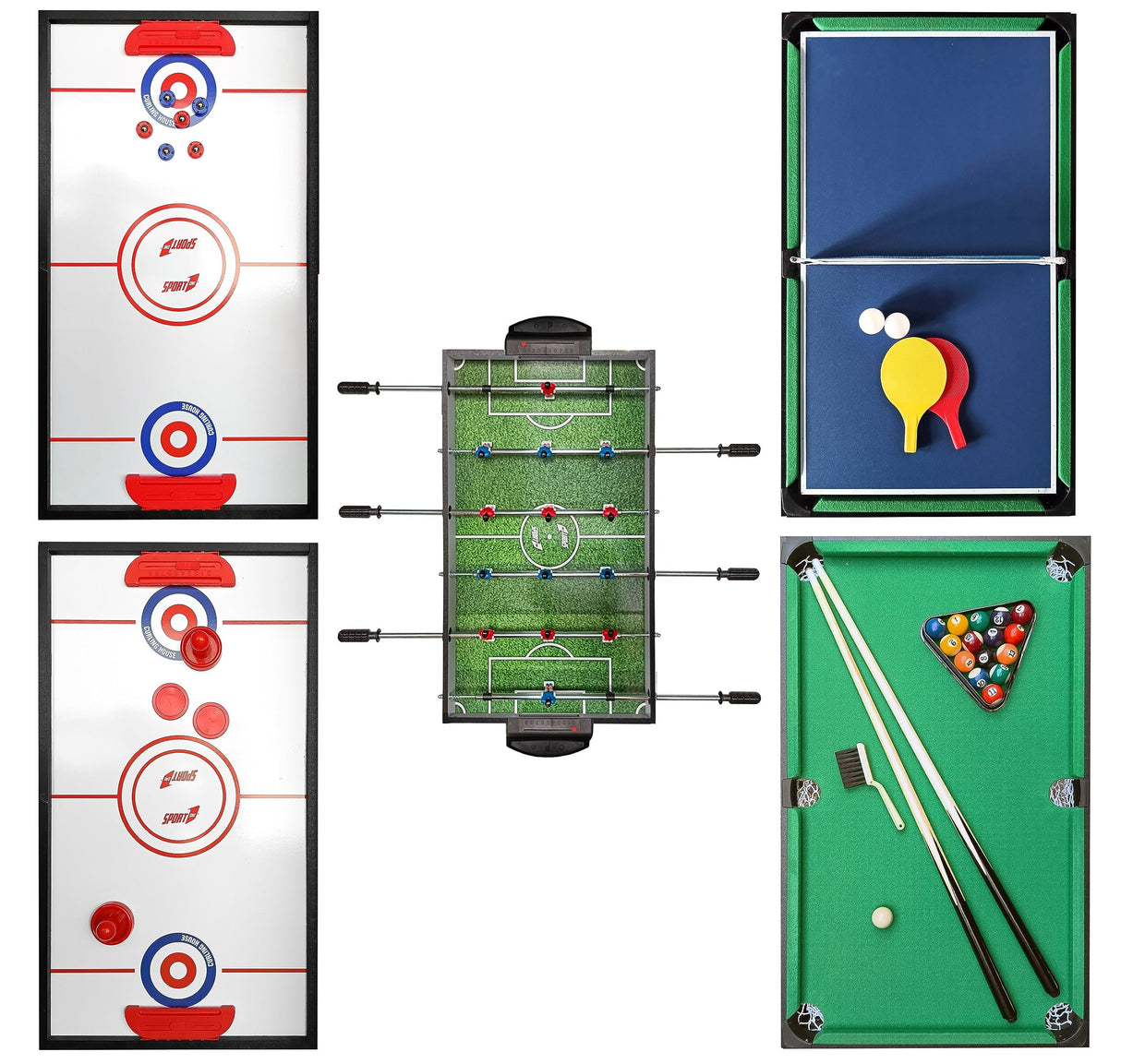 Sport1 Supertable Mini. Futsal multijuego 5 en 1. Futbolín Medidas 97,5 x 48 x 69 cm. Boletín Multiusos: 3 vs 3, Tenis de Mesa, Hockey, Billar, Curling. Incluye Accesorios.