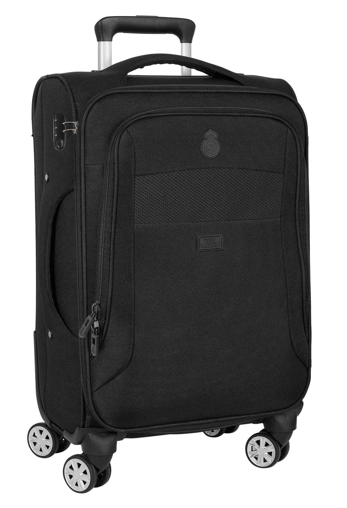Real Madrid Premium - Trolley Cabina Blanda 20 Pulgadas, Maleta con Ruedas, Candado de Seguridad, Maleta Ligera, 35x20x51 cm, Color Negro