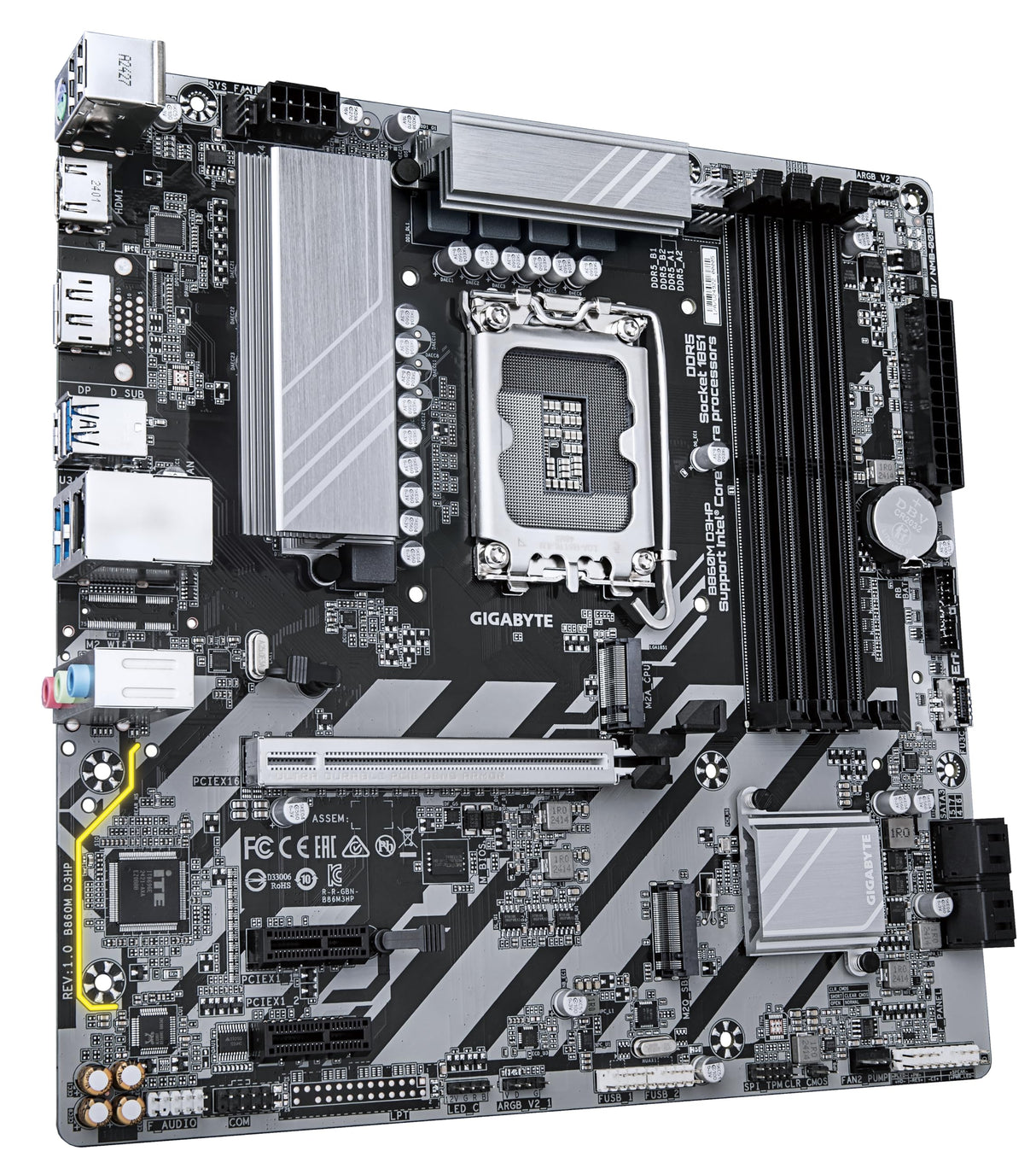 GIGABYTE B860M D3HP Placa Base - CPUs Intel Core Ultra, VRM de 4+1+2+1 Fases, hasta 9066MHz DDR5, 2xPCIe 4.0 M.2, LAN GbE, USB 3.2 Gen 1