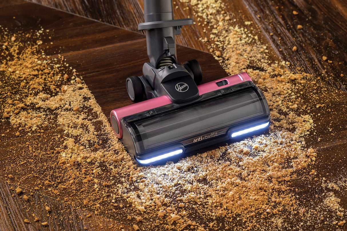 Hoover HF9 Home HF920H, Aspiradora Escoba sin Cable, sin Bolsa, 3 en 1, Escoba, de Mano y Vertical, Cepillo Antienredos, Autonomía 60 min, Color Gris/Rosa