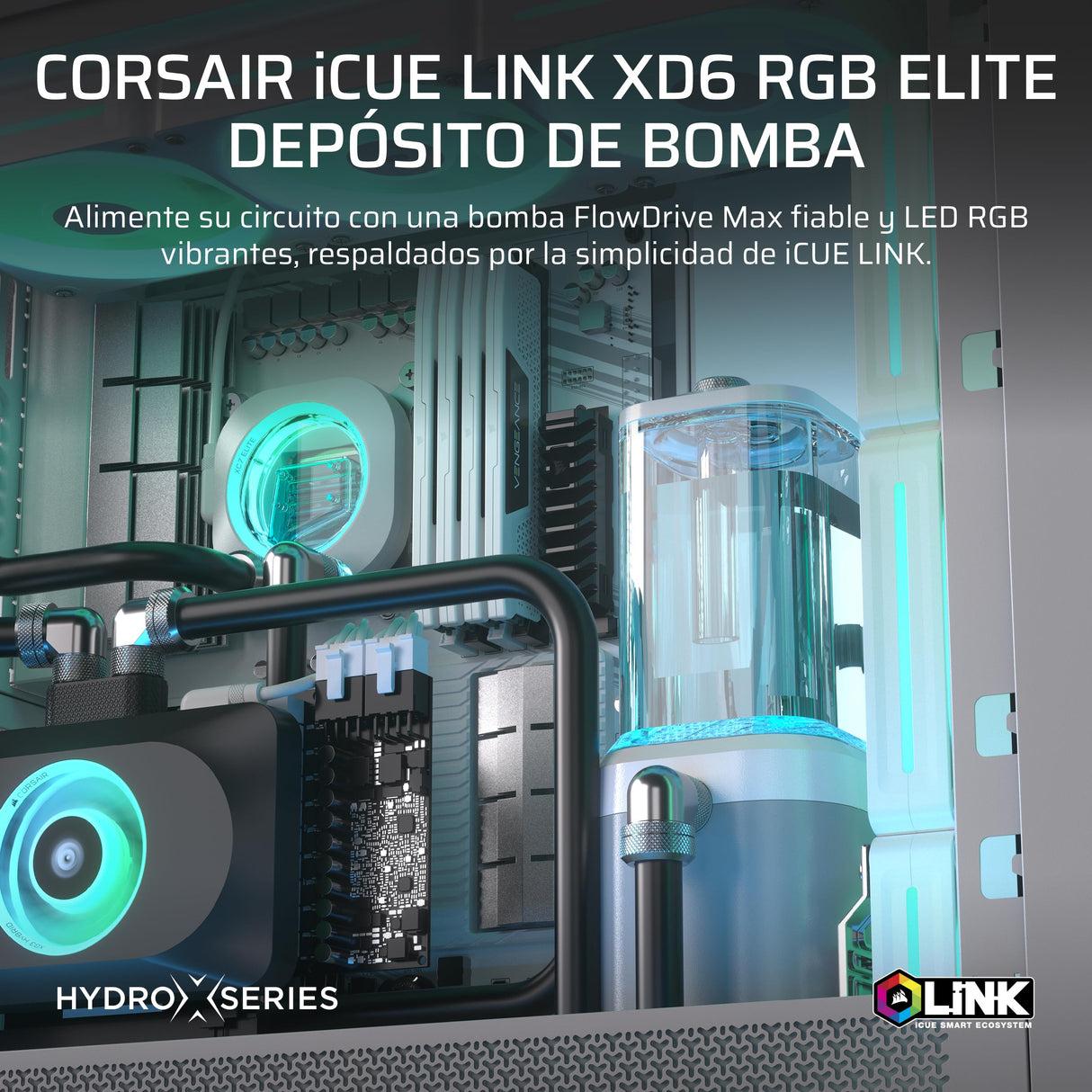 CORSAIR iCUE LINK XD6 RGB ELITE Unidad de Bomba/Depósito – Bomba FlowDrive Max, Sensor de Temperatura Integrado, 22 LED RGB Direccionables, Depósito de Nailon Transparente de 440 ml – Blanco