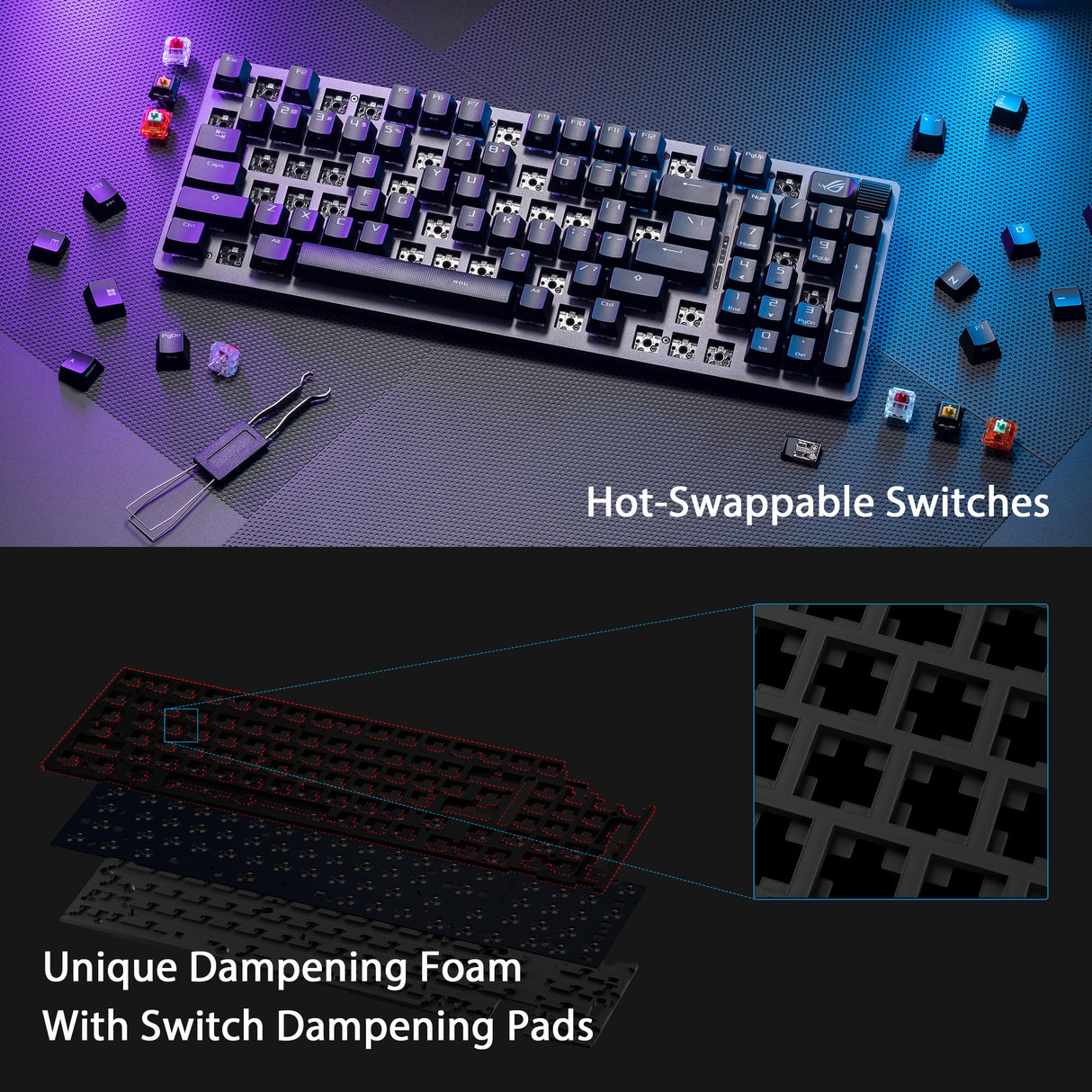 ASUS ROG Strix Scope II 96 Wireless - Teclado mecánico Gaming - Tri-Modo, Controles multifuncionales, interruptores y estabilizadores ROG NX Snow y Hot-Swap, 3 ángulos de inclinación y reposamuñecas,