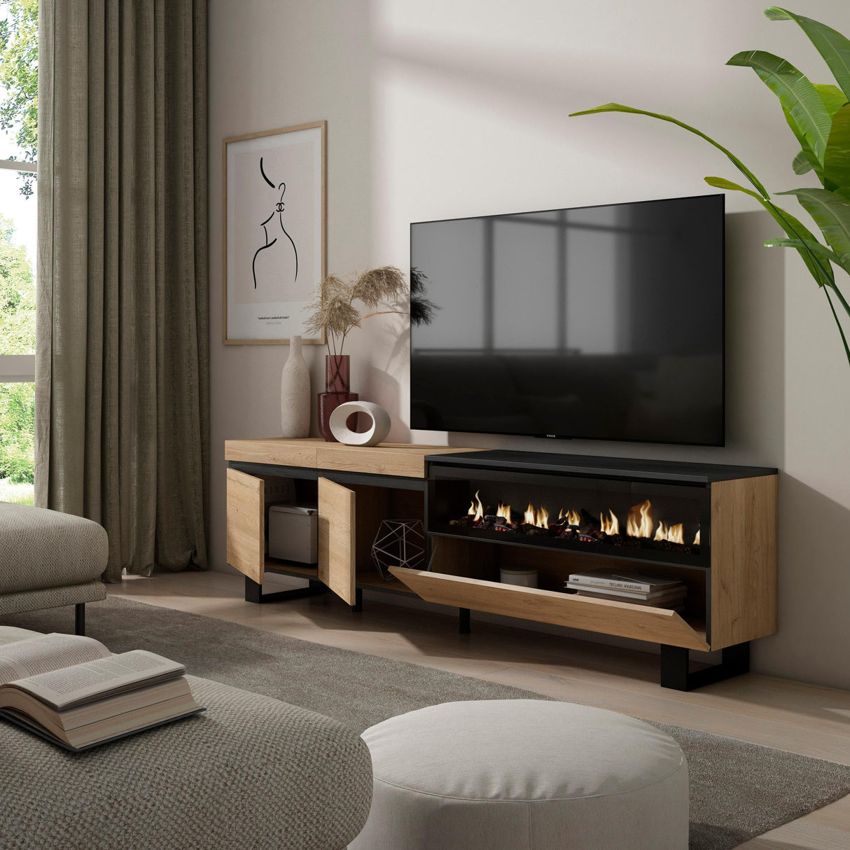 Skraut Home | Mueble TV | Televisión | Muebles de salón, almacenaje | 200x57x35cm | para TV hasta 80" | Chimenea eléctrica | Diseño Industrial | Estilo Moderno | Roble y Negro