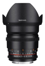 Samyang F1322710101 - Objetivo para vídeo VDSLR para Fuji X (Distancia Focal Fija 16mm, Apertura T2.2-22 ED AS UMC CS II, diámetro Filtro: 77mm), Negro