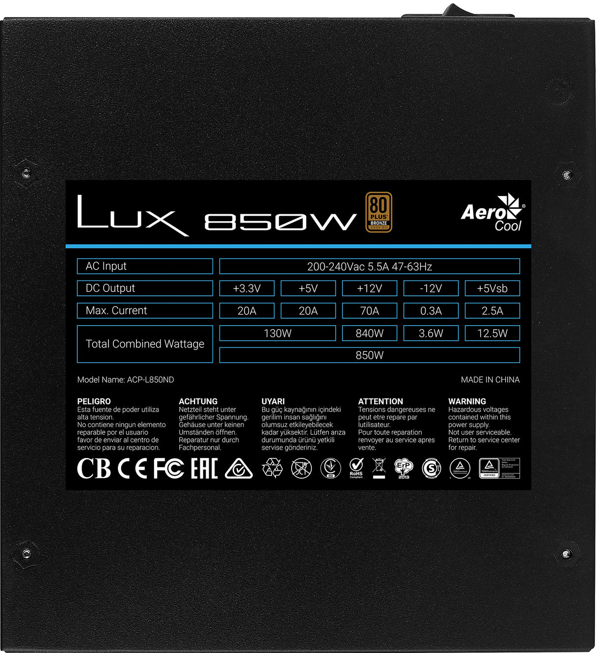 Aerocool LUX850, Fuente Alimentación PC 850W, 80 Plus Bronze 230V 88% Efic, APFC
