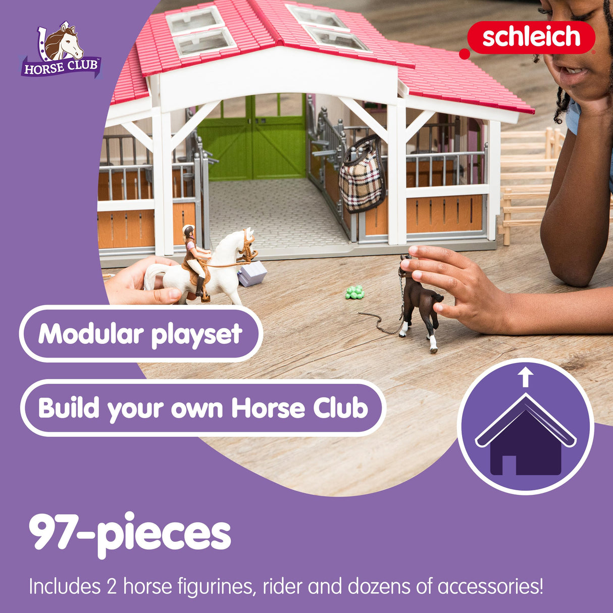 Schleich 42344 Horse Club Establo con Jinete y Caballos, Juego de 97 Piezas con 2 Figuras de Caballos, Figura del Jinete y Muchos Accesorios, Juguete para niños a Partir de 5 años