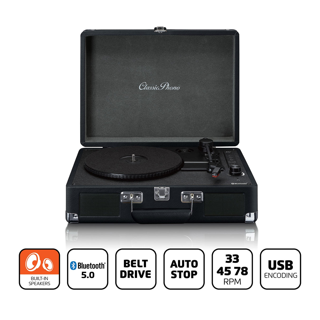 Lenco TT-115BK - Tocadiscos Bluetooth, Altavoces Integrados, Estuche Giradiscos Portátil Compacto, USB, AUX, Adaptador 45RPM, Negro