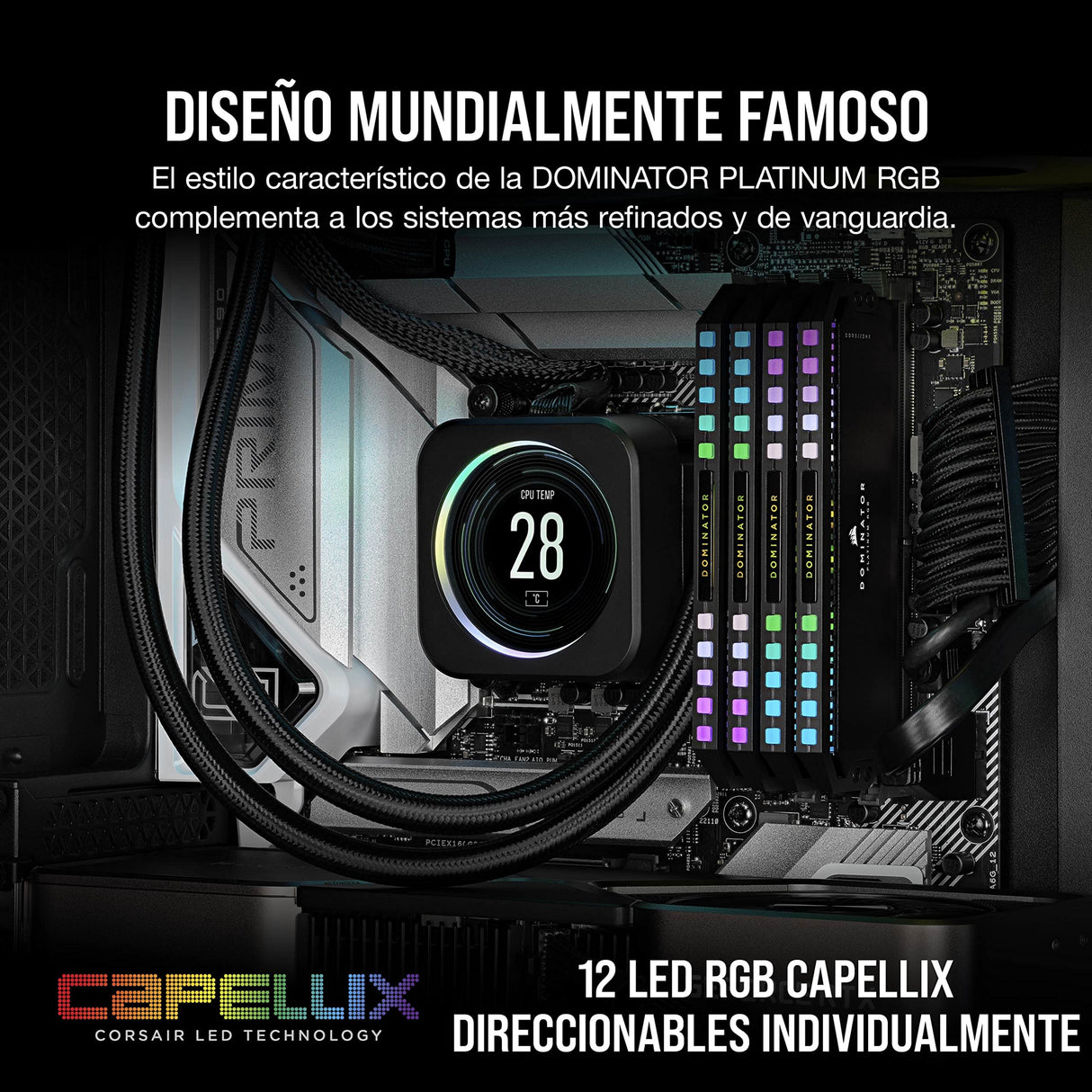 Corsair DOMINATOR PLATINUM RGB DDR5 32 GB (2 x 16 GB) 5200MHz C40 Memoria per Desktop (Regulación de voltaje integrada, Refrigeración DHX patentada, 12 LEDs CAPELLIX RGB, Optimizadas para Intel) Negro
