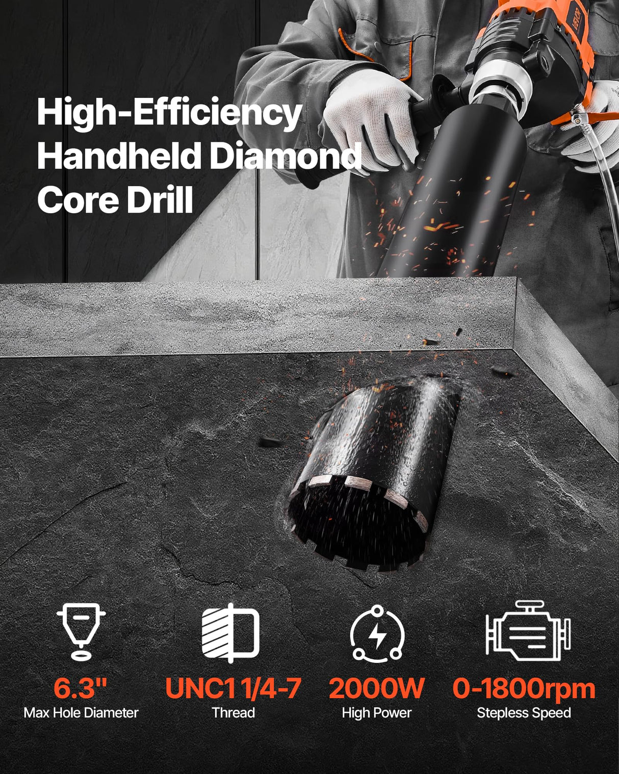 VEVOR Perforadora de Diamante, Perforadora Portátil de Núcleos en Seco y Húmedo de Velocidad Variable de 0 a 1800 RPM con 4 Brocas, Diámetro de Perforación de 20-160 mm para Hormigón, Ladrillo, Piedra