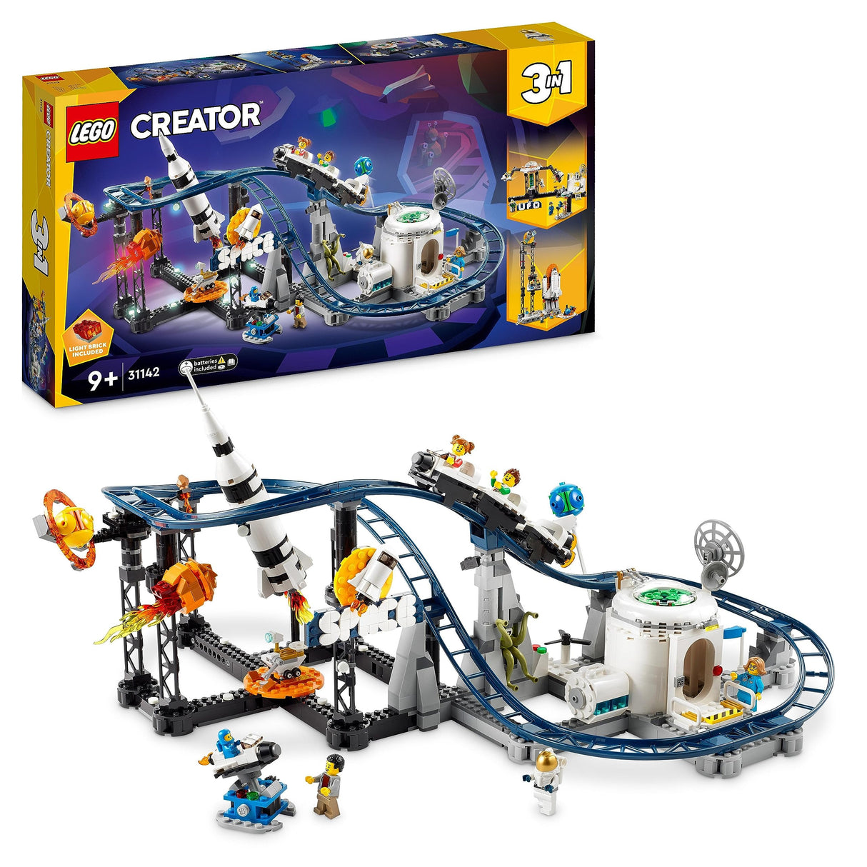 LEGO 31142 Creator 3en1 Montaña Rusa Espacial, Torre de Caída Libre o Tiovivo, Maqueta de Parque de Atracciones, Juguete de Construcción con Cohete Espacial, Planetas y Ladrillos Luminosos