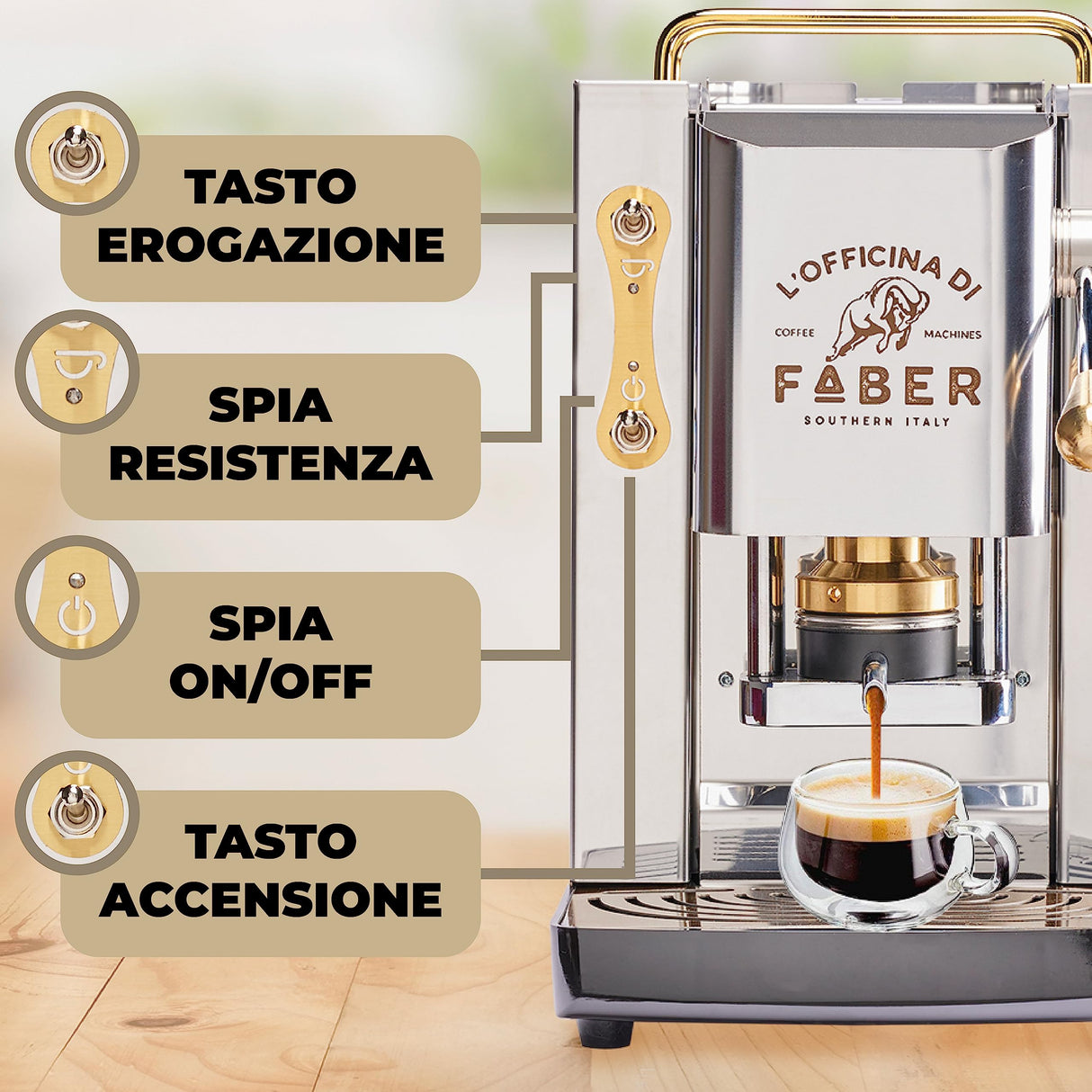 FABER COFFEE MACHINES | Modelo Pro Total Inox Deluxe | Cafetera monodosis ese 44 mm | Prensacialda de latón ajustable | electroválvula de serie (LATÓN)