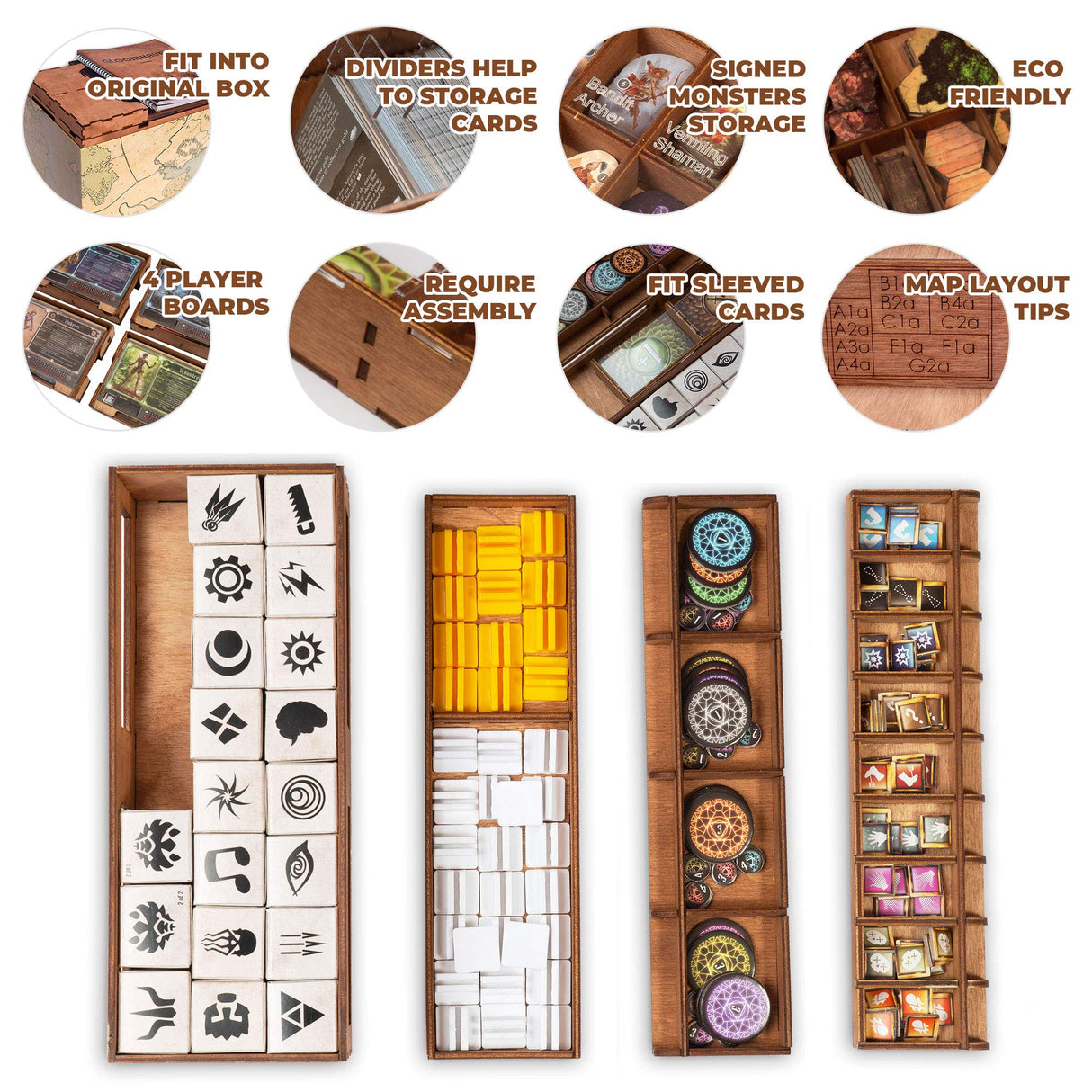 SMONEX Organizador de madera y tableros de cuatro jugadores compatibles con el juego de mesa Gloomhaven, caja adecuada para almacenar todas las expansiones Gloomhaven, insertar y almacenar
