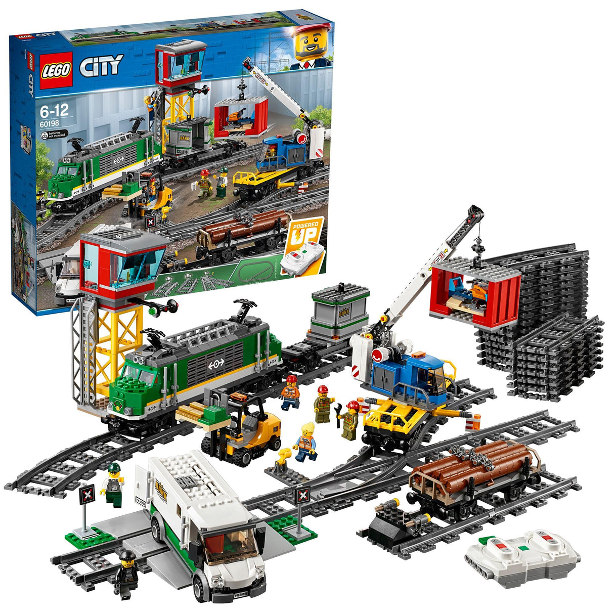 LEGO City Tren de Mercancías con Vehículo Teledirigido - Camión de Juguete, Carretilla Elevadora, 32 Piezas de Vía y & Minifiguras - Regalo para Niños y Niñas de 6+ Años 60198