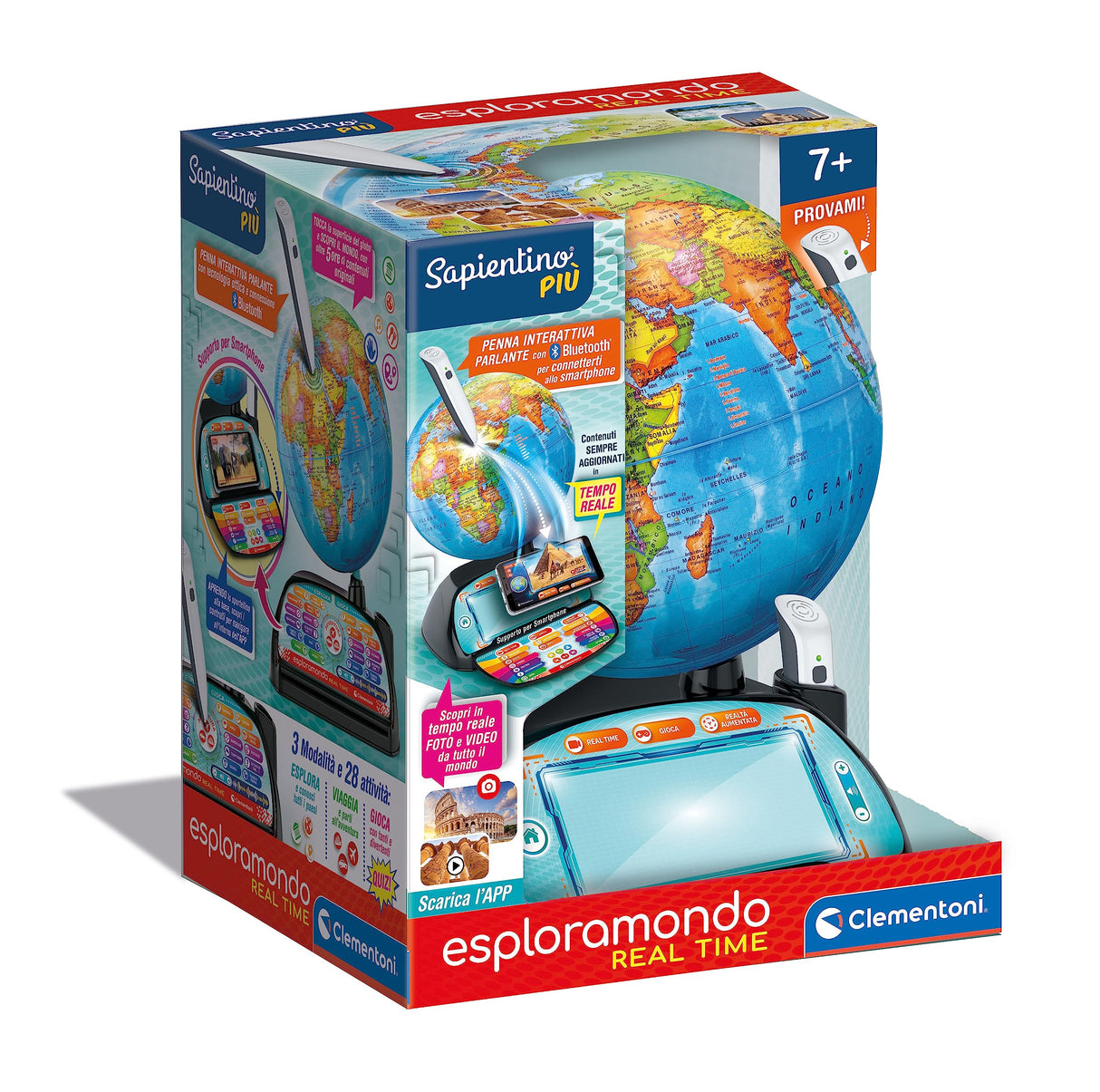 Clementoni Sapientino Più – Globo interactivo parlante, globo educativo con bolígrafo Bluetooth y aplicación, para niños de 6 años, 16446