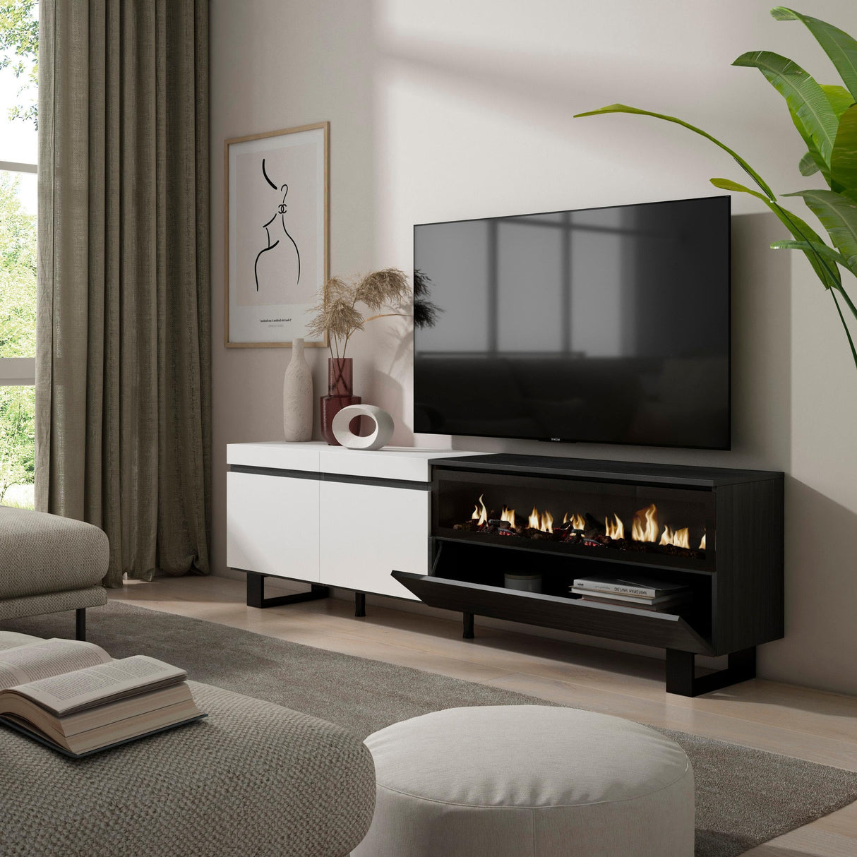Skraut Home | Mueble TV | Televisión | Muebles de salón, almacenaje | 200x57x35cm | para TV hasta 80" | Chimenea eléctrica | Diseño Industrial | Estilo Moderno | Blanco y Negro