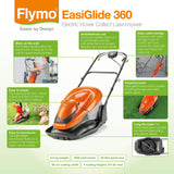 Flymo EasiGlide 360 Hover Collect - Cortacésped con Motor de 2000 W, Ancho de Corte de 36 cm, Caja de césped de 26 litros, se pliega Plano, Cable de 10 m, Naranja y Gris