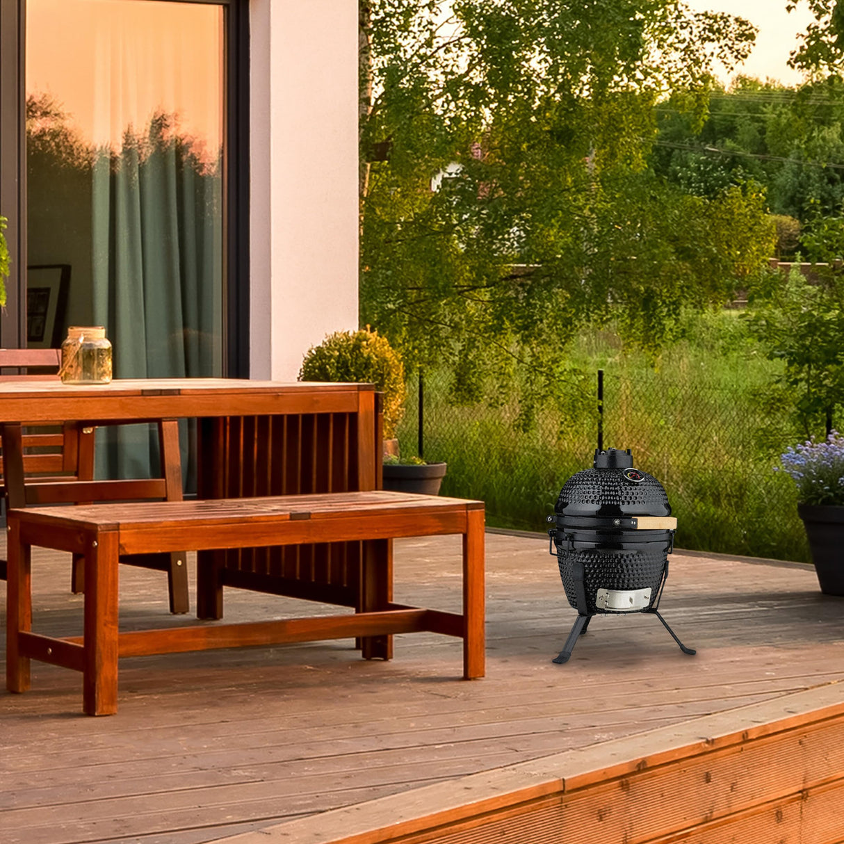 Relaxdays Barbacoa de Carbón Kamado, 26 cm Ø, Parrilla Cerámica con Termómetro hasta 450°C, BBQ, Asar y Cocinar, Negro, Acero Inoxidable, Hierro