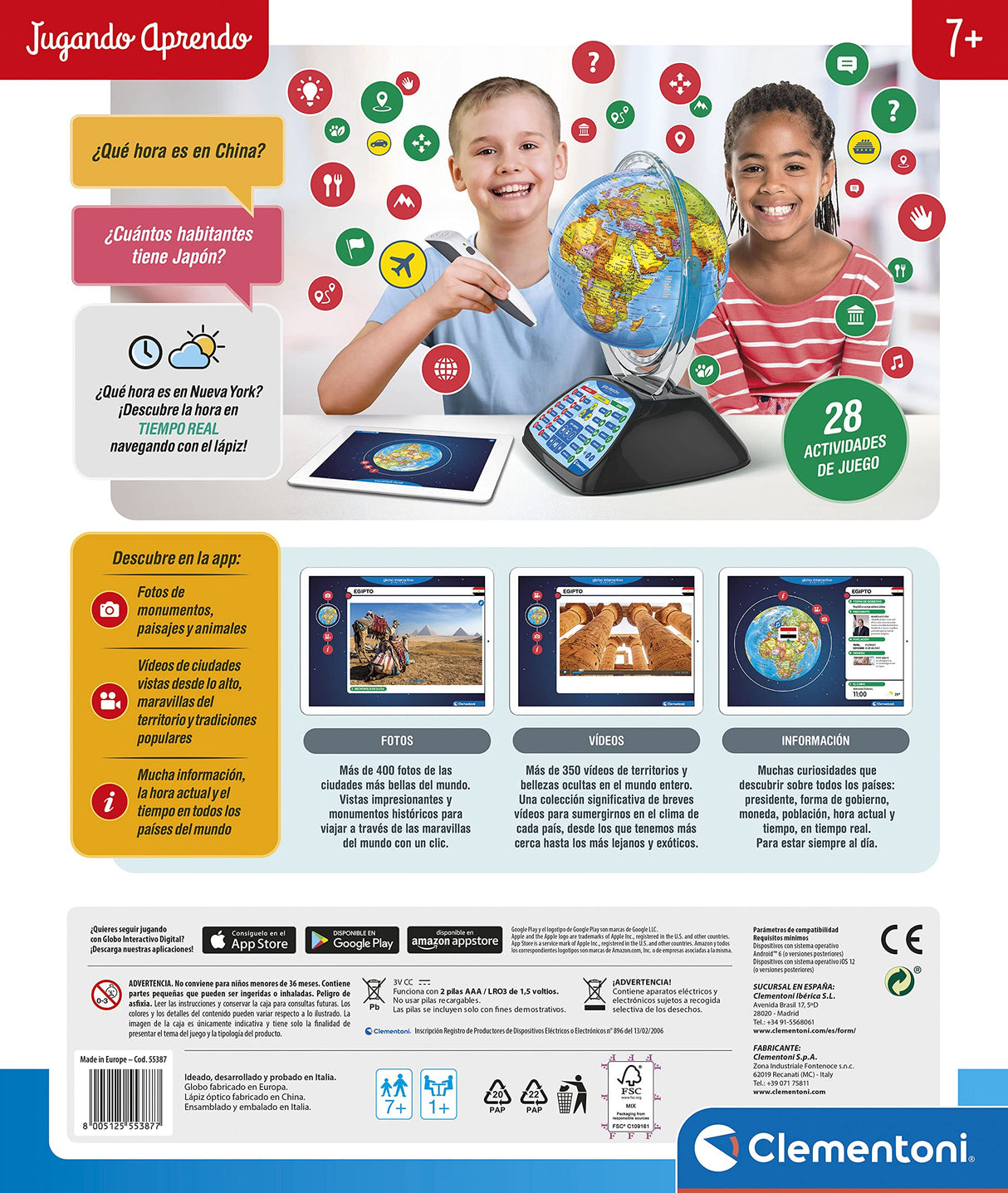 Clementoni - Exploramundo Digital, Globo terráqueo Bola del Mundo interactiva Infantil, 7 años, Multicolor (55387)