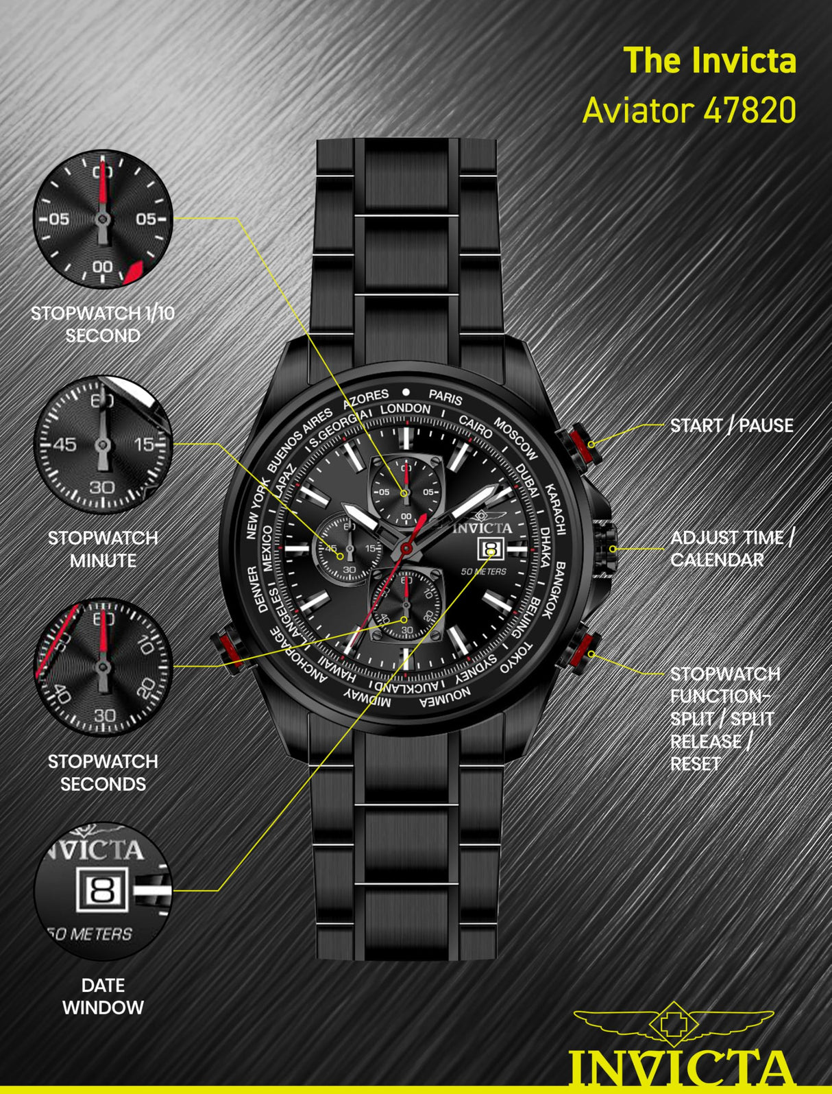 INVICTA Aviator Reloj Cuarzo para Hombre de Acero Inoxidable - 50mm