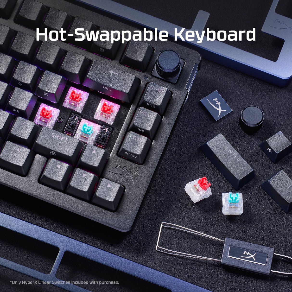 HyperX Alloy Rise - Teclado mecánico para juegos intercambiable en caliente, PC, sensor de luz ambiental, montaje en junta, interruptores lineales
