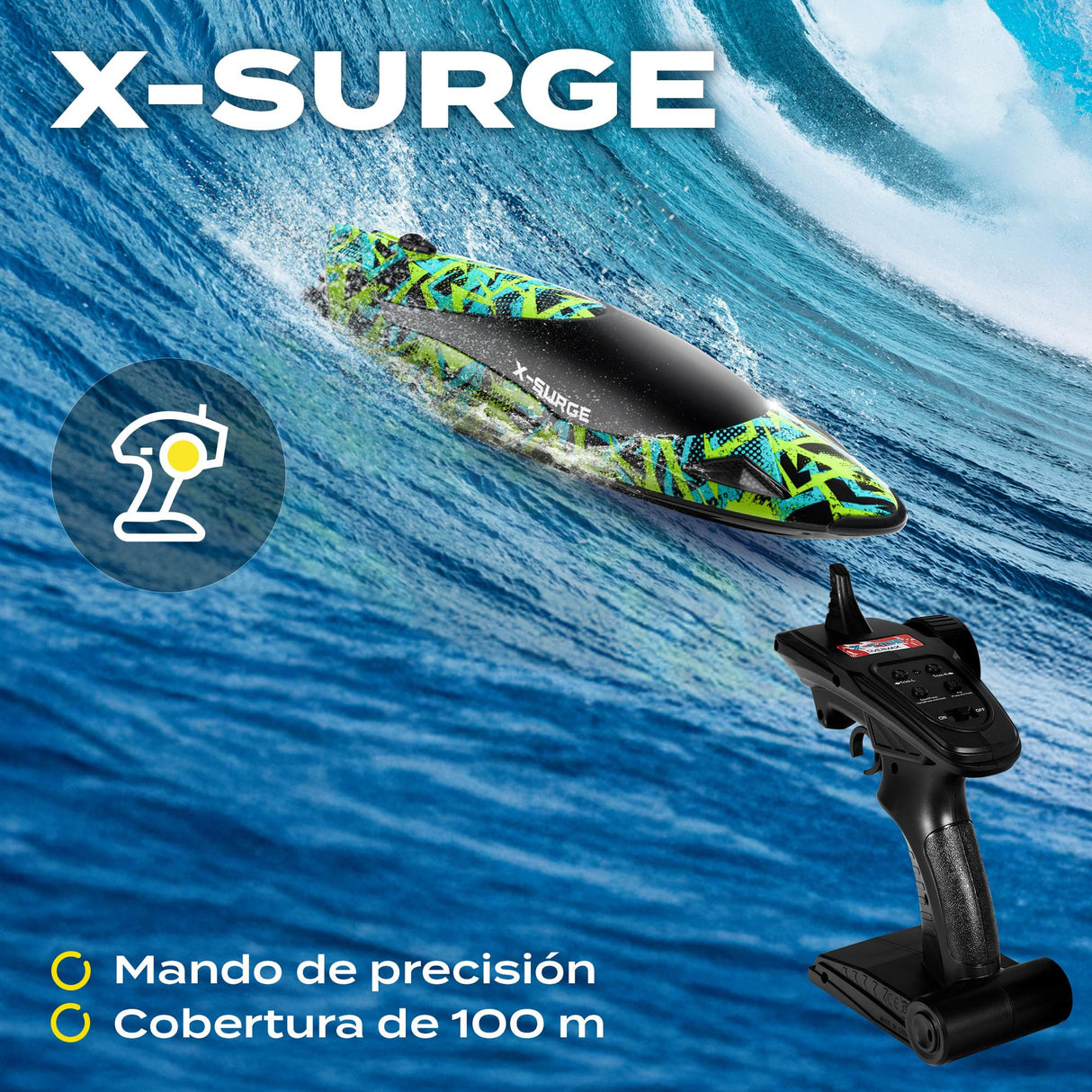OVERMAX X-Surge Barco de Carreras RC Teledirigido con Luz LED, Velocidad de 35 km/h, 2 x Baterías de 1200 mAh, 30 Minutos de Diversión, Regulación de Velocidad, Alcance de hasta 100 m