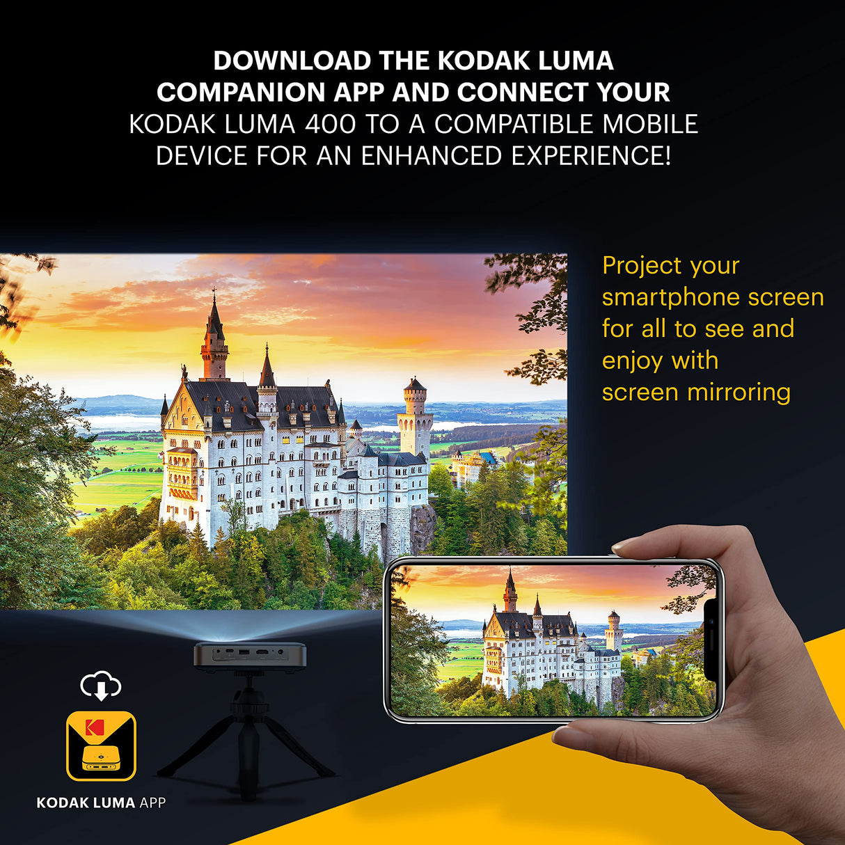 KODAK - Proyector Inteligente HD portátil Luma 400 - Compatible con Wi-Fi, Bluetooth, HDMI y USB - Resolución Original de hasta 150" 720p (4K), 200 lúmenes ansi - Trípode Incluido
