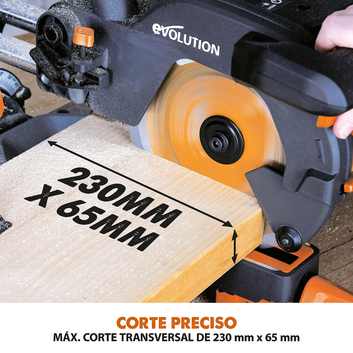 Evolution Power Tools R210SMS+ Ingletadora deslizante multimaterial de 210 mm, con paquete Plus, Corta acero dulce, aluminio, plástico, madera con clavos incrustados, 230 V