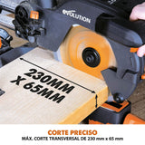 Evolution Power Tools R210SMS+ Ingletadora deslizante multimaterial de 210 mm, con paquete Plus, Corta acero dulce, aluminio, plástico, madera con clavos incrustados, 230 V