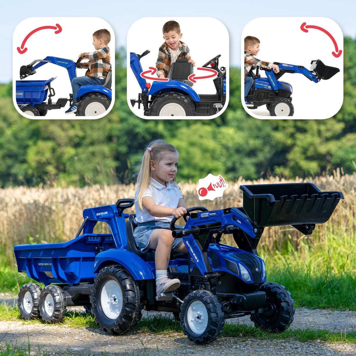 FALK - Retroexcavadora de Pedales New Holland con Excavadora y Remolque basculante - A Partir de 3 años - Fabricada en Francia - Asiento Giratorio - 3090W
