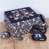 Hobby Gift Caja de costura grande - Pájaros en flores de tela de algodón bordada con asa de plástico, bandeja interior de plástico duro con compartimentos, alfiletero 23,5x31x20cm