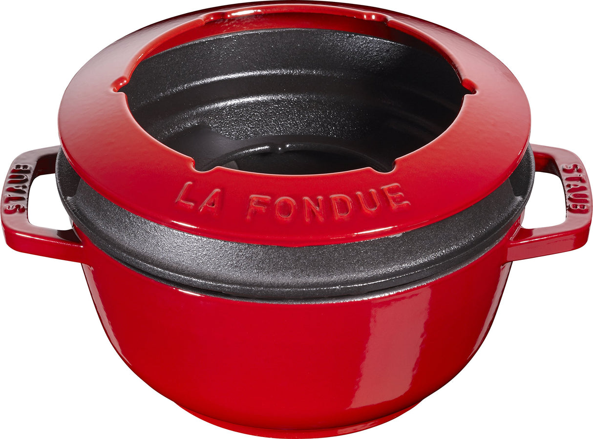 STAUB Juego de fondue con 6 tenedores, para fondue de queso, chocolate y carne, Hierro fundido, Rojo cereza, 18 cm
