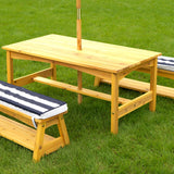 KidKraft Conjunto jardín de Mesa y 2 Bancos de Madera para niños con sombrilla y Cojines, Muebles para terrazza, Patio y Exterior al Aire Libre (00106)
