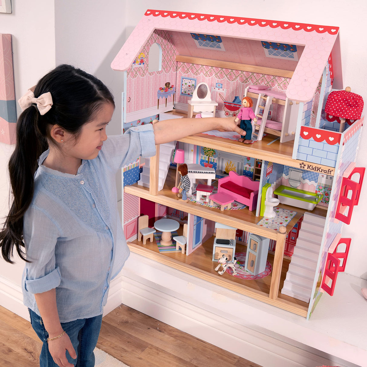 KidKraft Casa de muñecas de Madera Chelsea Cottage con Muebles y Accesorios para Mini muñecas de 12 cm, Casita para Miniature Figuras, Juguetes niños y niñas Desde 3 años (65054)
