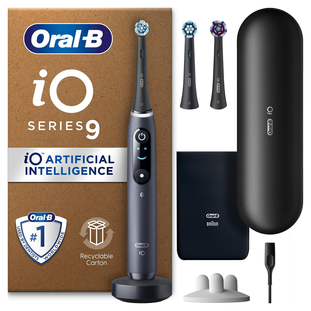 Oral-B iO9 Cepillo de dientes eléctrico, regalos para mujeres/hombres, mango conectado a la aplicación, 3 cabezales de cepillo de dientes, estuche de viaje de carga y soporte para cabezal de cepillo