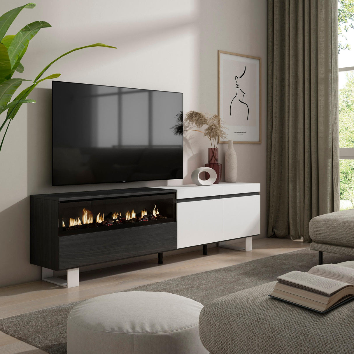 Skraut Home | Mueble TV | Televisión | Muebles de salón, almacenaje | 200x57x35cm | para TV hasta 80" | Chimenea eléctrica | Diseño Industrial | Estilo Moderno | Blanco y Negro