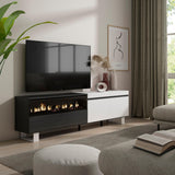 Skraut Home | Mueble TV | Televisión | Muebles de salón, almacenaje | 200x57x35cm | para TV hasta 80" | Chimenea eléctrica | Diseño Industrial | Estilo Moderno | Blanco y Negro